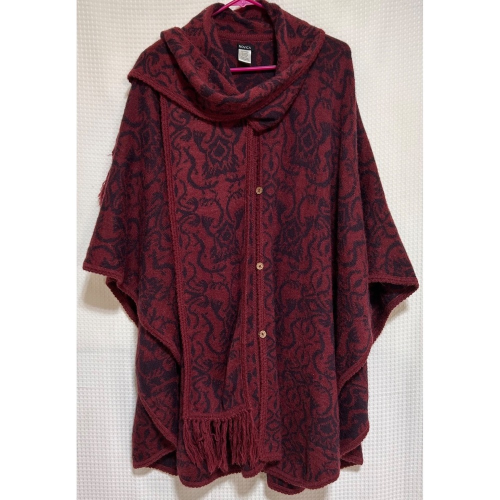Novica Peruvian Alpaca Blend Poncho OS Jacket Cardigan Cozy Fall Burgundy b4 - Picture 9 of 10